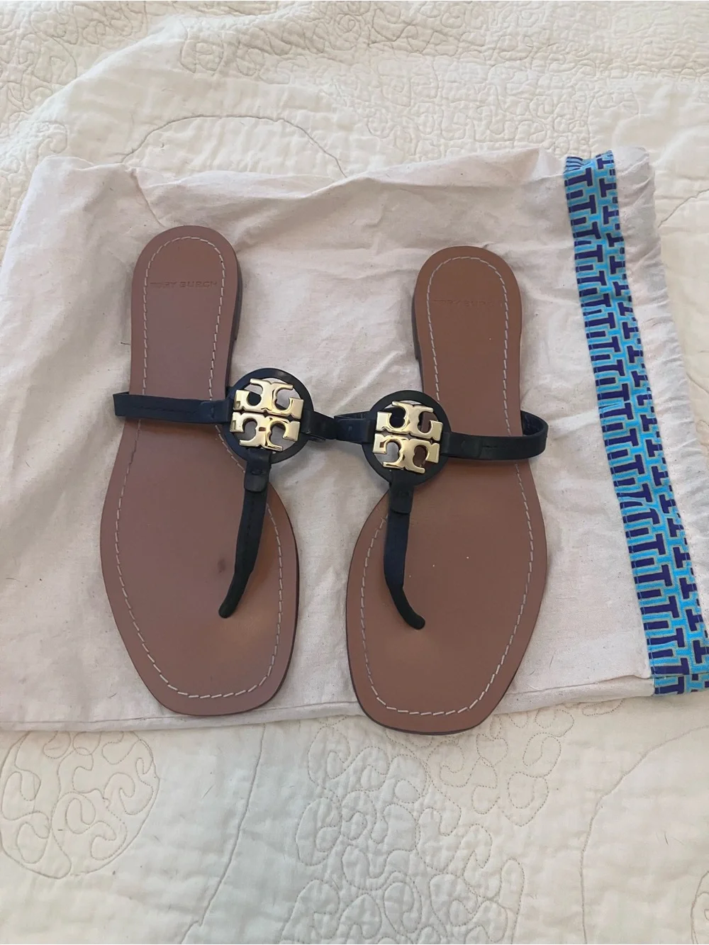 Tory Burch Black Leather Logo Thong Sandals with Gold Emblems